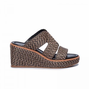 Bernardo Kaian Raffia Women Wedge Sandals Black Brown | ZFH1485BC